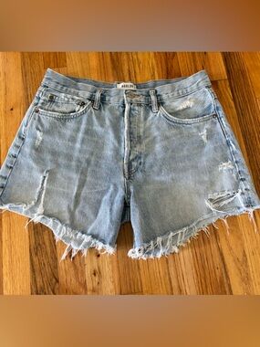Agolde Parker Long 29 Light Blue Distressed High-Rise Denim Shorts